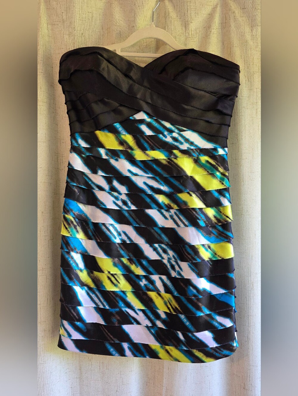 bebe Strapless Black, Blue & Yellow Patterned Cocktail Dress